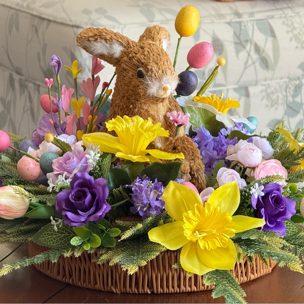 Easter Bunny Floral Centerpiece with Daffodils-measuring 24 x 14“